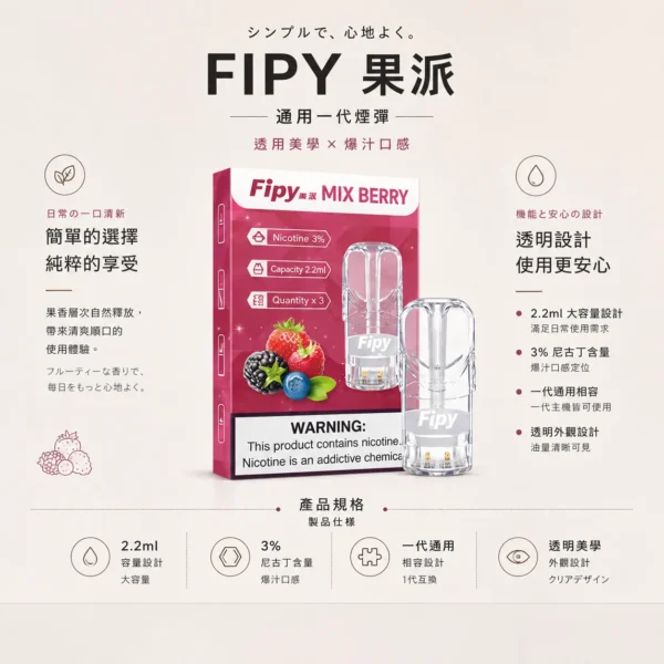 ChatGPT Image 2026年8月22日 下午06_27_26 【極致口感】Fipy 果派 一代通用煙彈 果香濃郁擊喉扎實 順暢霧化老手必備【買三贈主機】
