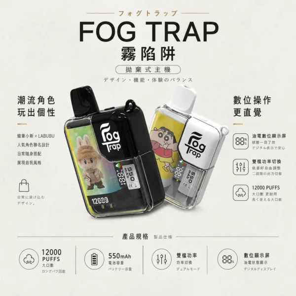 ChatGPT Image 2026年8月22日 下午06_36_11 【台灣現貨】Fog Trap 限量聯名 蠟筆小新 LABUBU 12000口 拋棄式電子煙 熱銷秒發【買十送一】