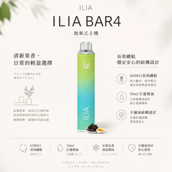 ChatGPT Image 2026年8月22日 下午09_42_49 【台灣現貨】ILIA 哩亞 Bar4 6500口 拋棄式電子煙 爆款熱銷 秒發免運 老手必備