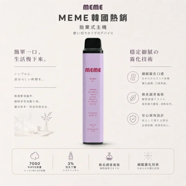 ChatGPT Image 2026年8月23日 下午07_54_22 【老手推爆】MEME 7000口 拋棄式電子煙 霧化主機 極致絲滑層次豐富 擊喉感扎實正品