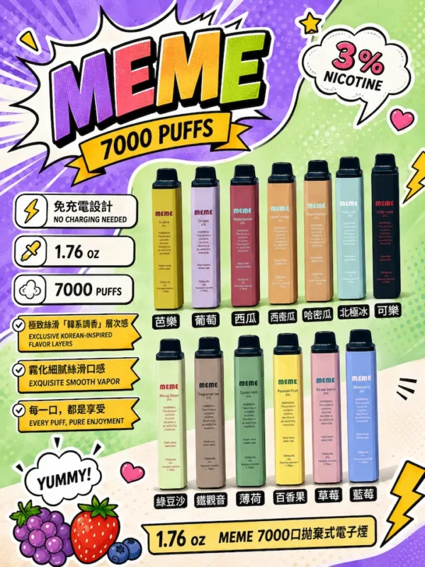 ChatGPT Image 2026年8月31日 上午02_40_13 【老手推爆】MEME 7000口 拋棄式電子煙 霧化主機 極致絲滑層次豐富 擊喉感扎實正品