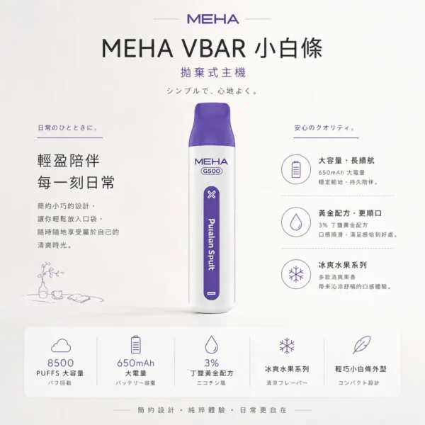 ChatGPT Image 2026年8月23日 下午06_30_49 MEHA VBar 魅嗨小白條 8500口拋棄式電子煙|3%尼古丁鹽黃金配方 冰爽水果清爽極致體驗