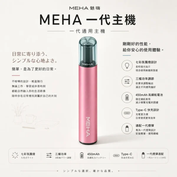 ChatGPT Image 2026年8月23日 下午07_42_44 【現貨秒發】MEHA 魅嗨 一代通用主機 星耀版 七彩氛圍燈潮流設計 Type-C 快充 適配通用多款煙彈
