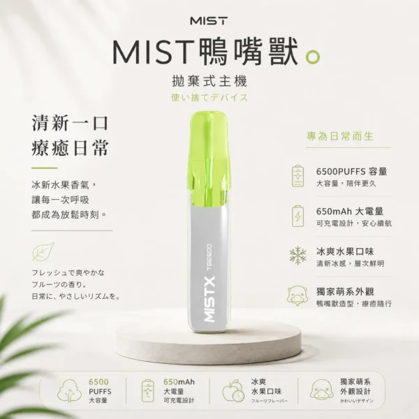ChatGPT Image 2026年8月23日 下午07_55_46 Mist X 鴨嘴獸 冰爽水果口味 6500口拋棄式電子煙|2%尼古丁鹽順滑不嗆口 550mAh細膩體驗