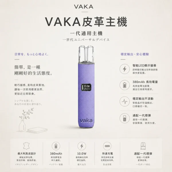 ChatGPT Image 2026年8月25日 下午09_29_48 VAKA 義大利真皮 一代通用主機|8W/10W雙檔功率穩定輸出 380mAh長效快充俐落手感