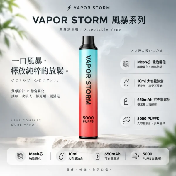 ChatGPT Image 2026年8月25日 下午10_00_54 VAPOR STORM 風暴 5000口拋棄式電子煙|Mesh芯強勁霧化 650mAh可充電 俐落金屬手感極致體驗