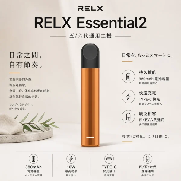 ChatGPT Image 2026年9月6日 上午12_41_02 RELX悅刻 Essential2主機 380mAh|人氣爆款必收 四五六代煙彈通用 10W最高功率與Type-C快充 現貨秒發
