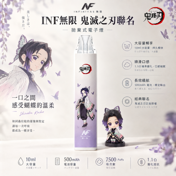ChatGPT Image 2026年9月6日 下午06_41_03 inf 無限 鬼滅之刃聯名 拋棄式 7500口 10ml大容量 1.1歐姆細膩飽滿 Mesh芯順滑隨身享受
